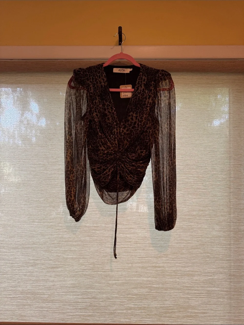 ASTR Sheer Leopard-Print Ruched Front Blouse - Brown